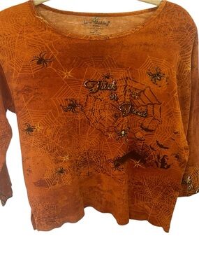 Vintage Jane Ashley Halloween Trick or Treat Stretch Bedazzled Shirt Orange 1X